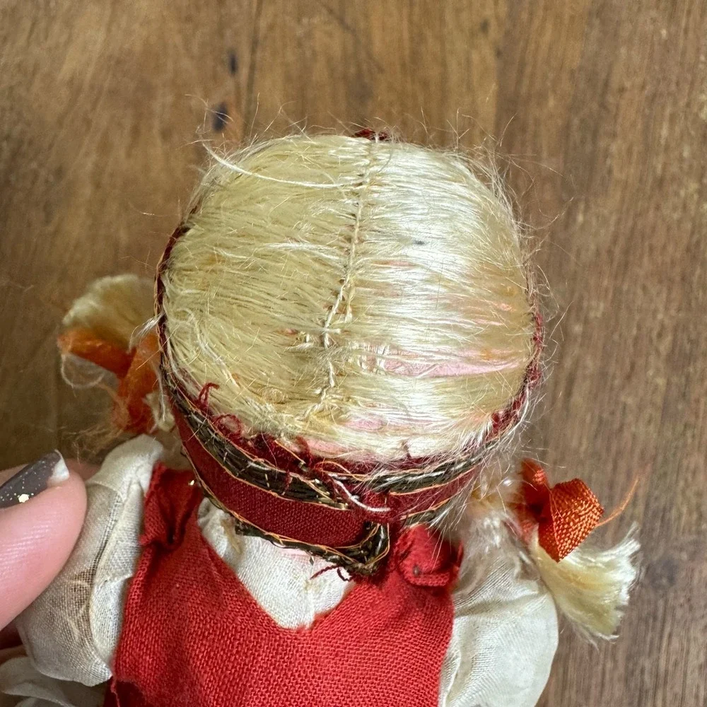 Vintage Antique Celluloid Cloth Straw Stuffed European Folk Art Style Doll‎